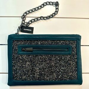 Express, Large Wristlet, Teal, Sparkle Front, Faux Leather Back, Chain, NWT